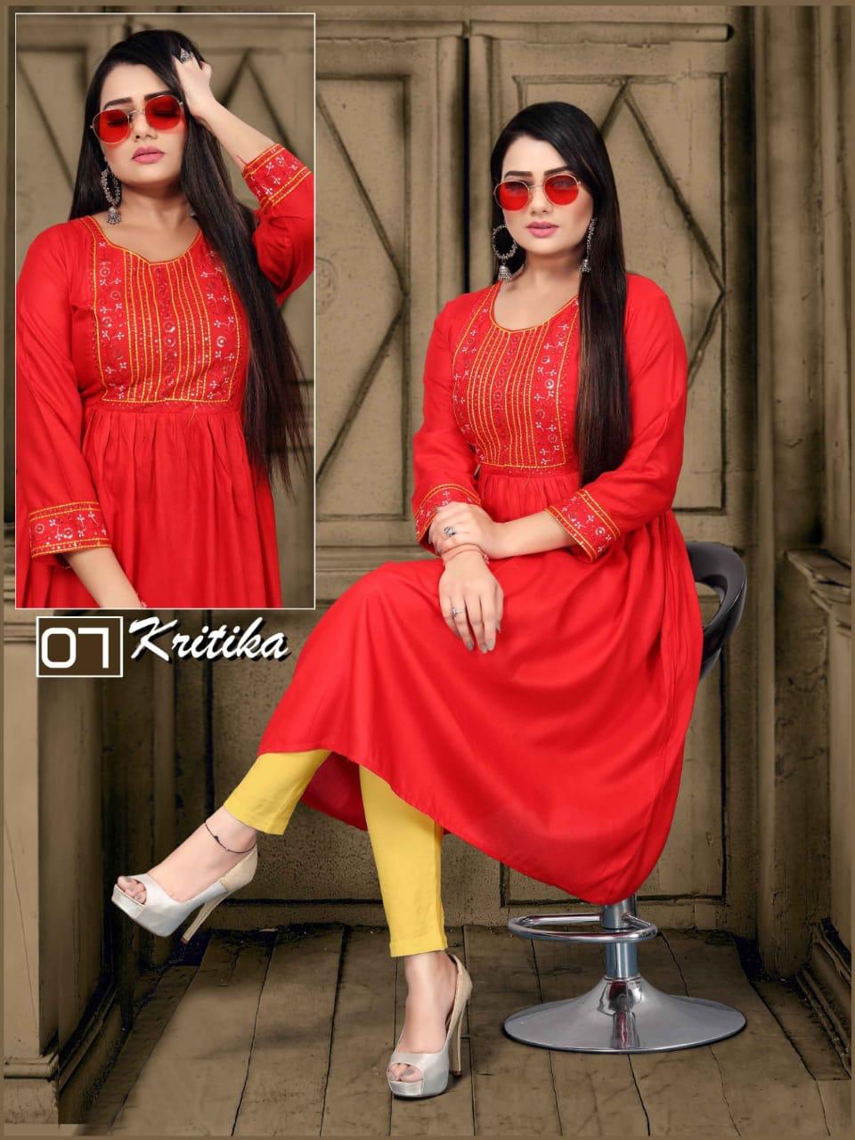 Kritika 01 Latest Designer Ethnic Wear Rayon Embroidery Kurti Collection